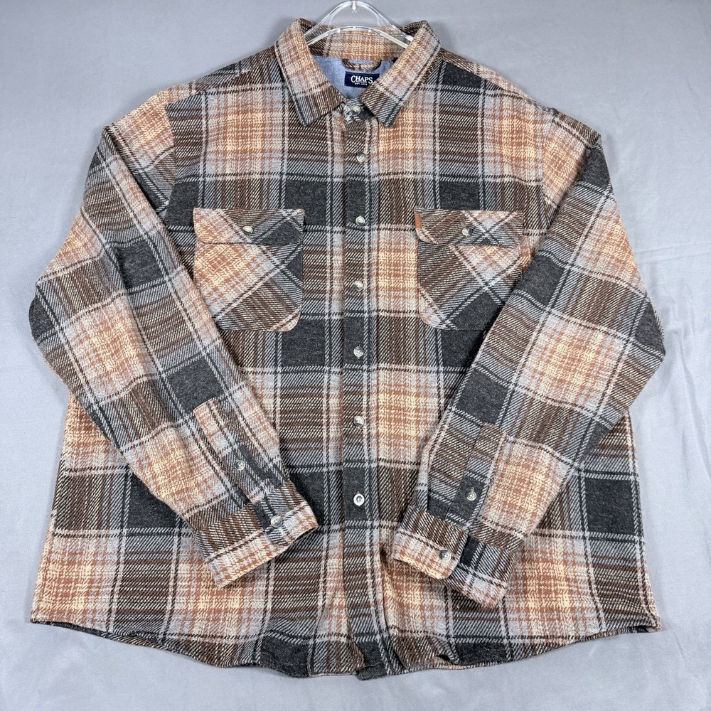 Chaps Mens XXL Plaid Flannel Shirt Long Sleeve Stretch Button Up Gray Peach